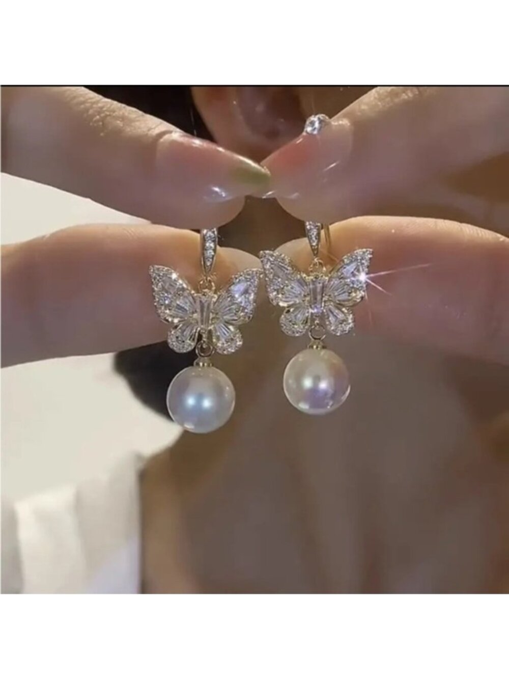 Gold Crystal Butterfly Luxury Rhinestone Drop White Pearl Statement Earrings